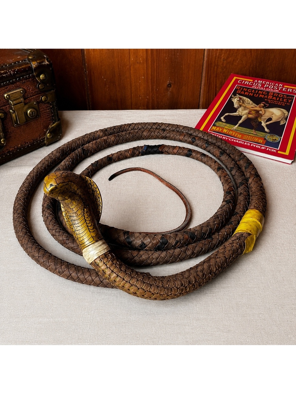 Authentic Ringling Bros Barnum Bailey Cobra Handle Lion Tamer Circus Whip - Picture 1 of 15